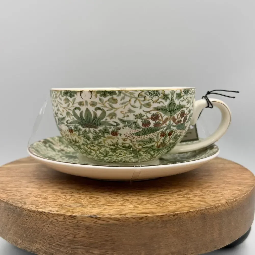William Morris & Co Strawberry Thief Green Floral Teacup & Saucer Set NWT